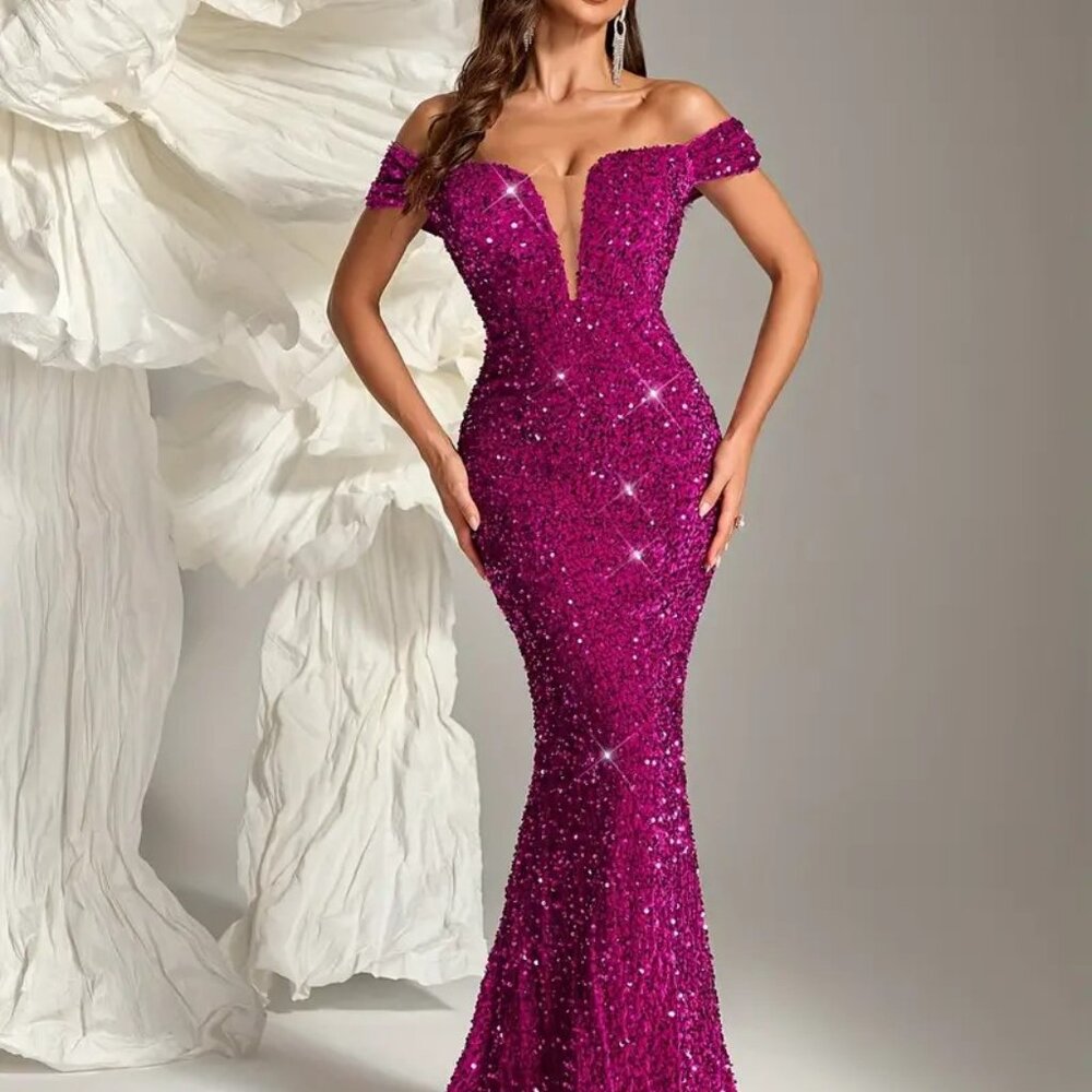 NWOT Size 12: Stunning Off Shoulder Sequin Maxi Dress